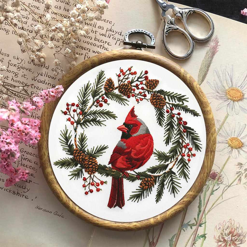 Rubbyoo Embroidery Kit - Cardinal With Pine Cones  | Diy Needle Craft kits - image 2