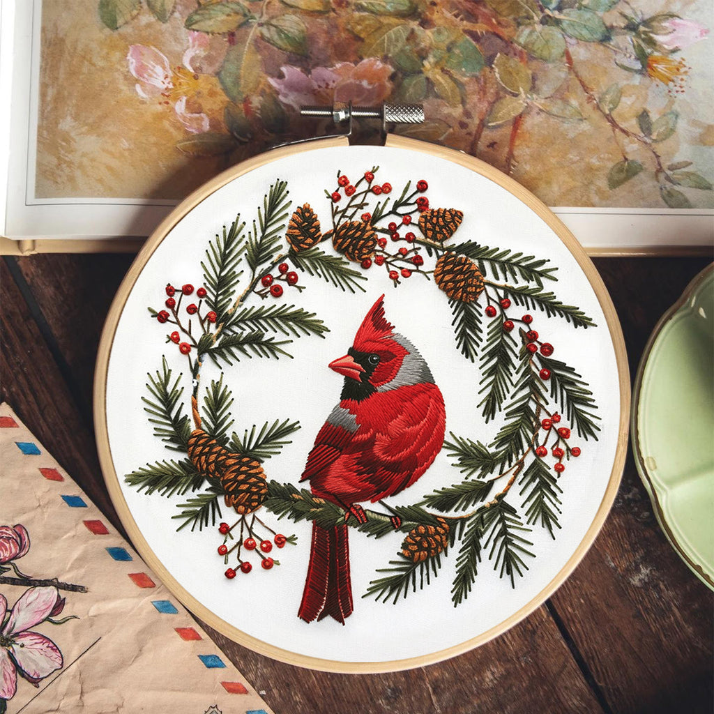 Rubbyoo Embroidery Kit - Cardinal With Pine Cones  | Diy Needle Craft kits - image 1