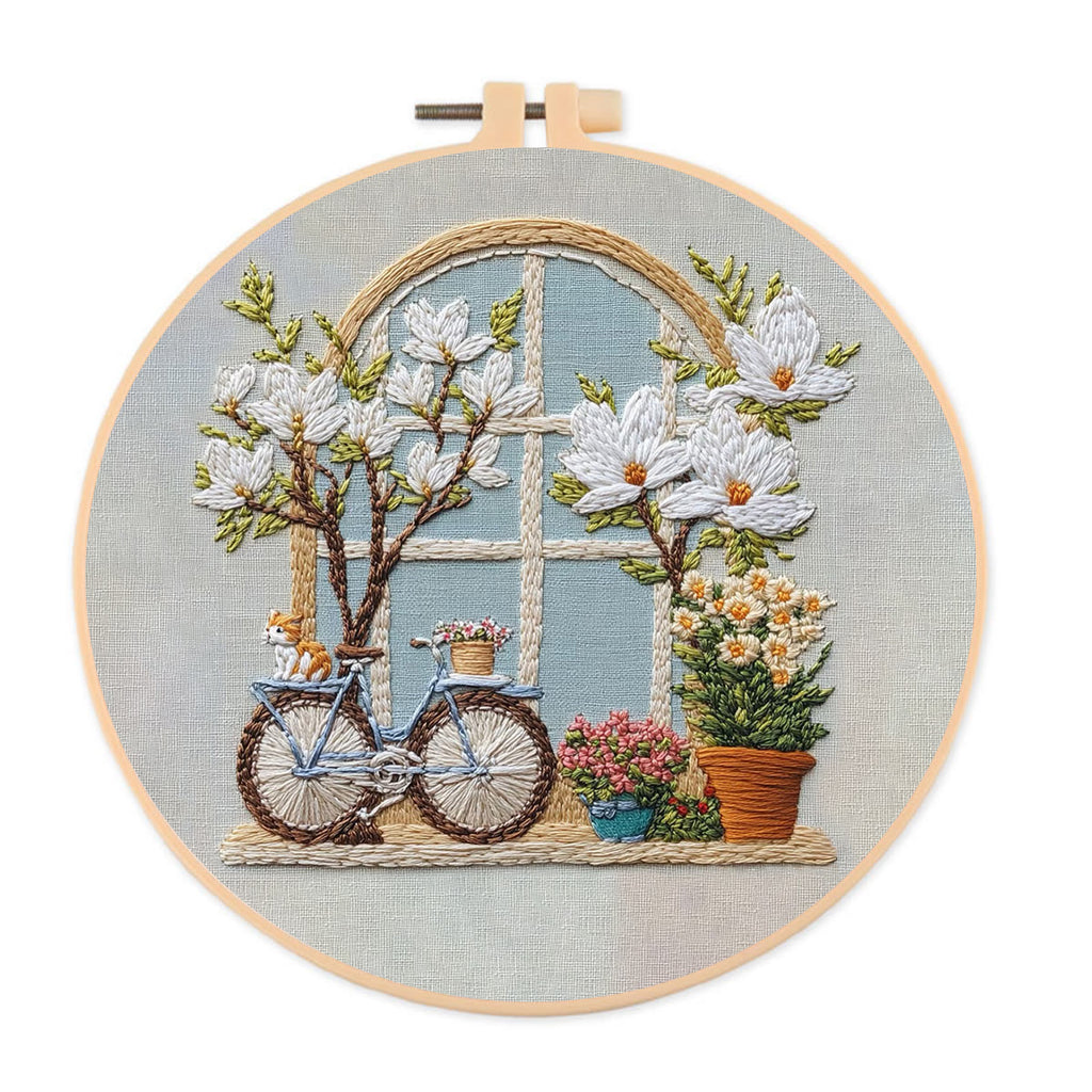 Rubbyoo Embroidery Kit -  Bicycle Parked By Window Full Of Flowers | Diy Craft Kits - 20*20cm - image 0