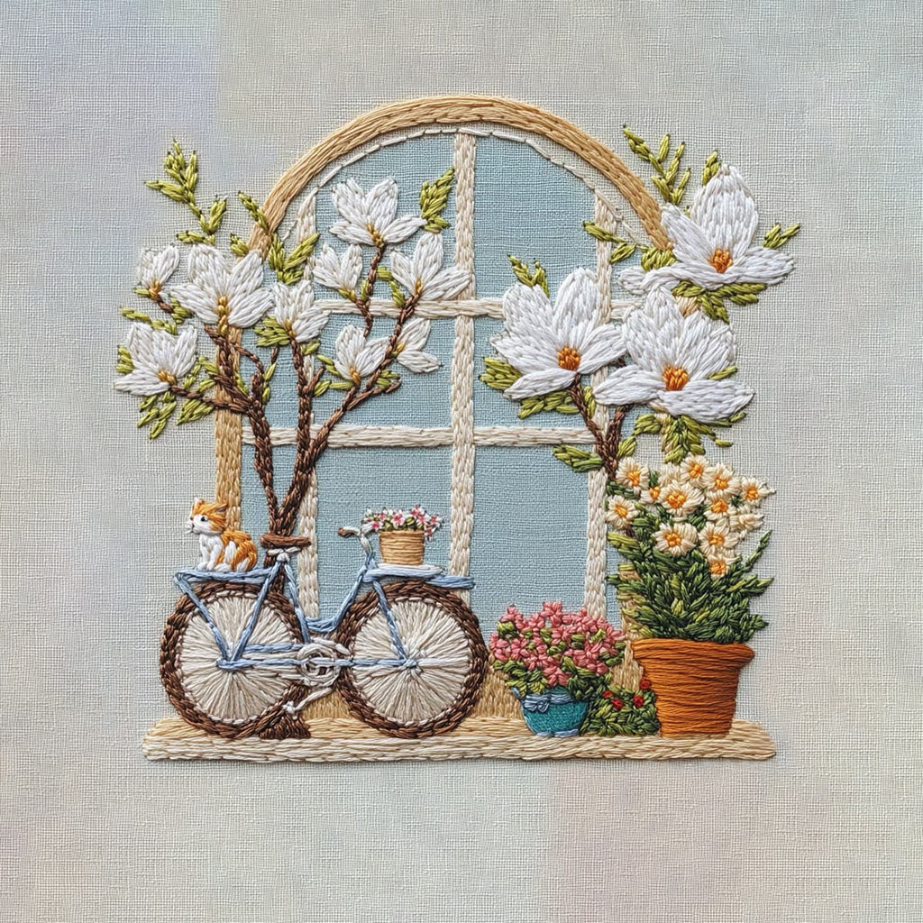 Rubbyoo Embroidery Kit -  Bicycle Parked By Window Full Of Flowers | Diy Craft Kits - image 9