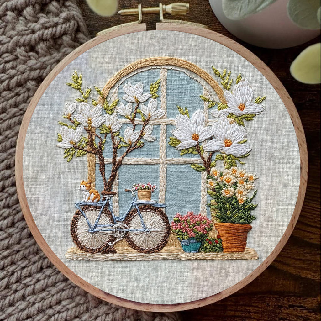 Rubbyoo Embroidery Kit -  Bicycle Parked By Window Full Of Flowers | Diy Craft Kits - image 3