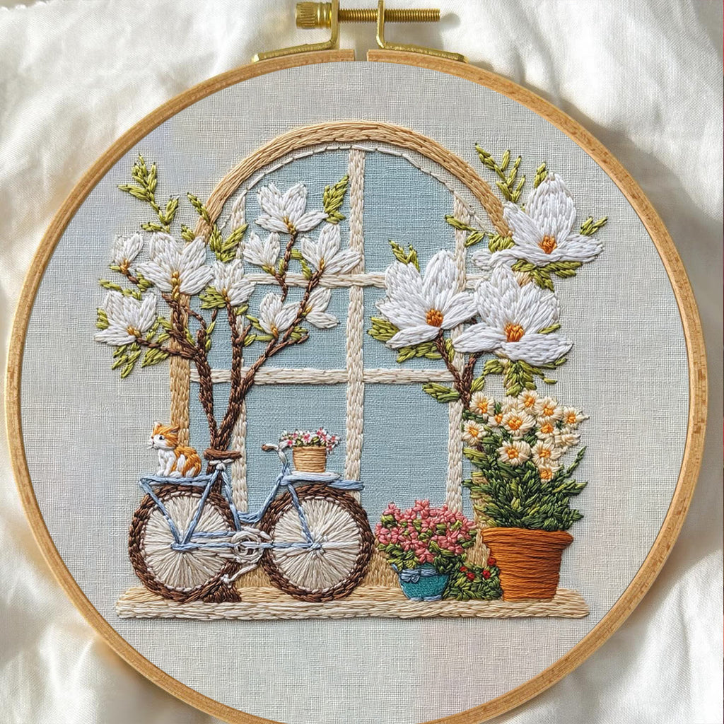 Rubbyoo Embroidery Kit -  Bicycle Parked By Window Full Of Flowers | Diy Craft Kits - image 7