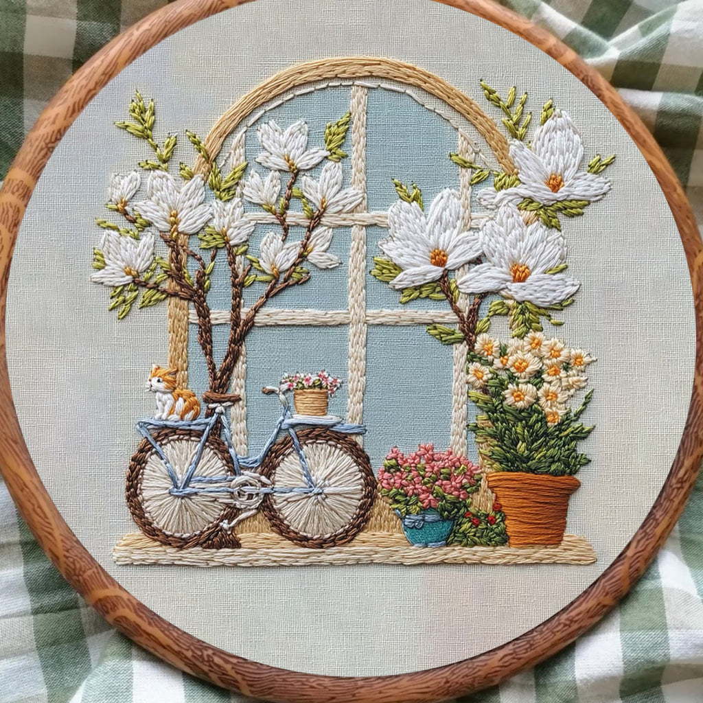 Rubbyoo Embroidery Kit -  Bicycle Parked By Window Full Of Flowers | Diy Craft Kits - image 2