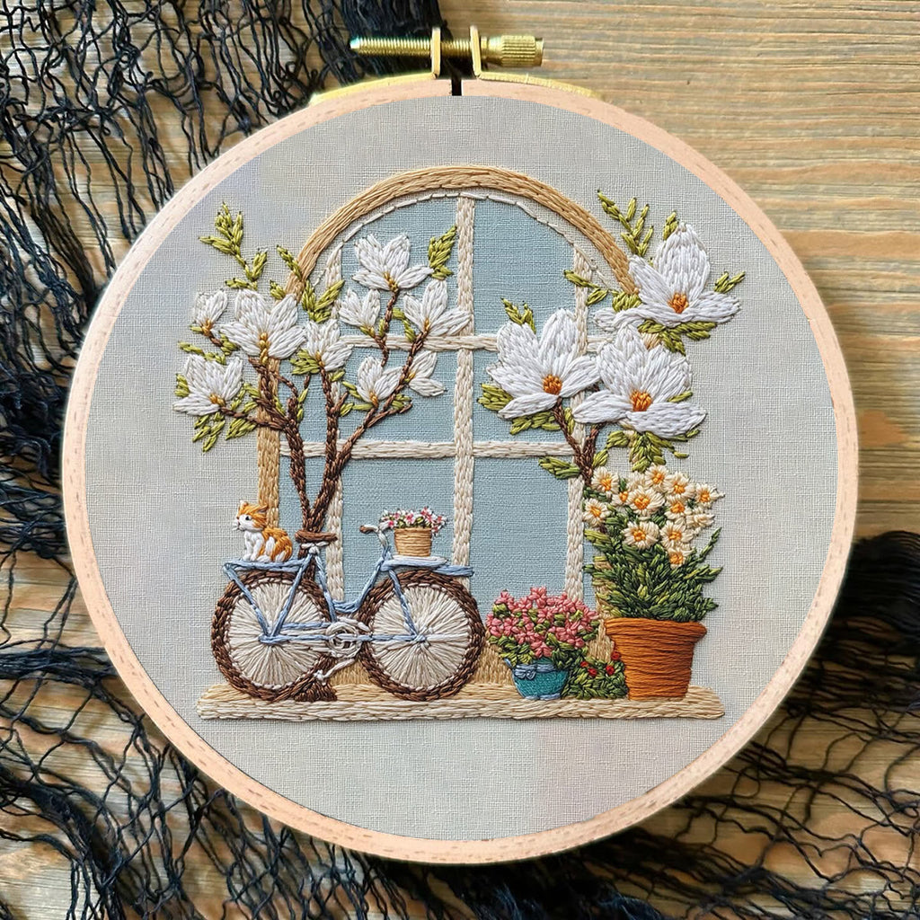 Rubbyoo Embroidery Kit -  Bicycle Parked By Window Full Of Flowers | Diy Craft Kits - image 1