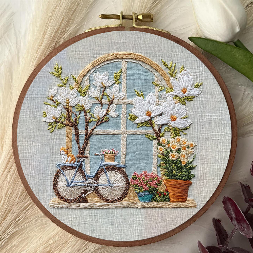 Rubbyoo Embroidery Kit -  Bicycle Parked By Window Full Of Flowers | Diy Craft Kits - image 8