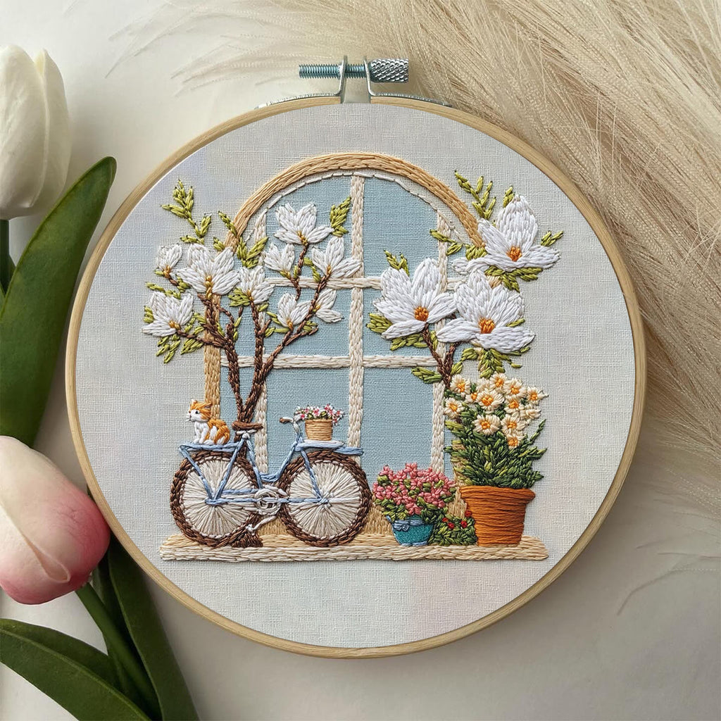 Rubbyoo Embroidery Kit -  Bicycle Parked By Window Full Of Flowers | Diy Craft Kits - image 6