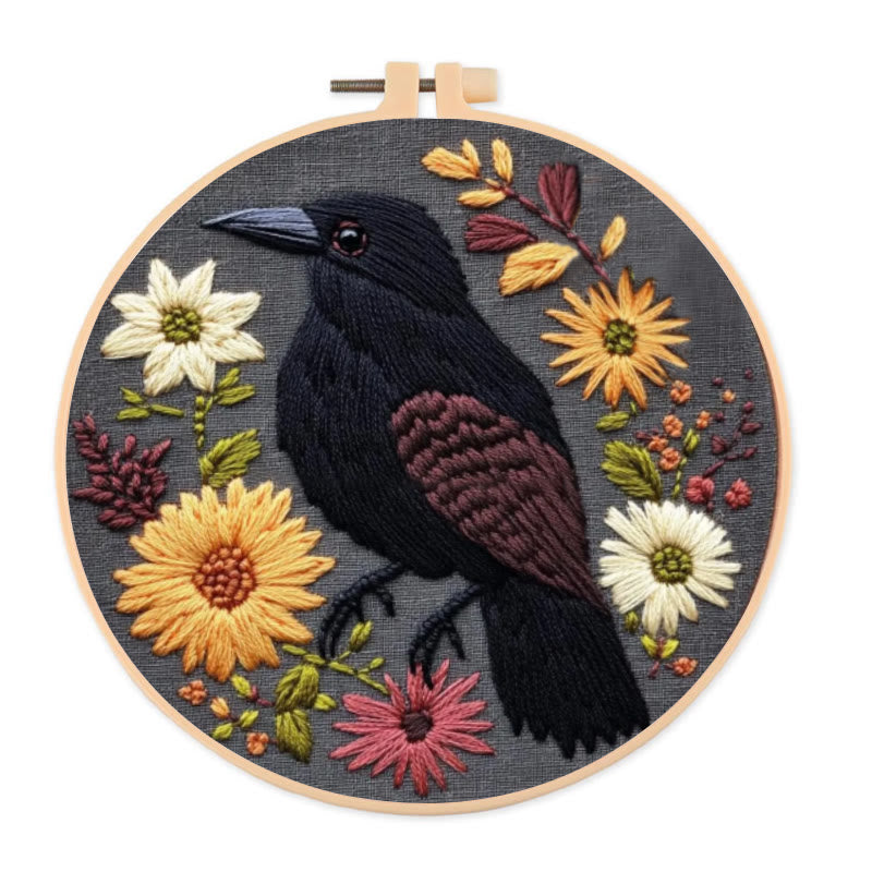 Rubbyoo Embroidery Kit - Floral Crow | Holiday Diy Needle Craft  - 20*20cm - image 0