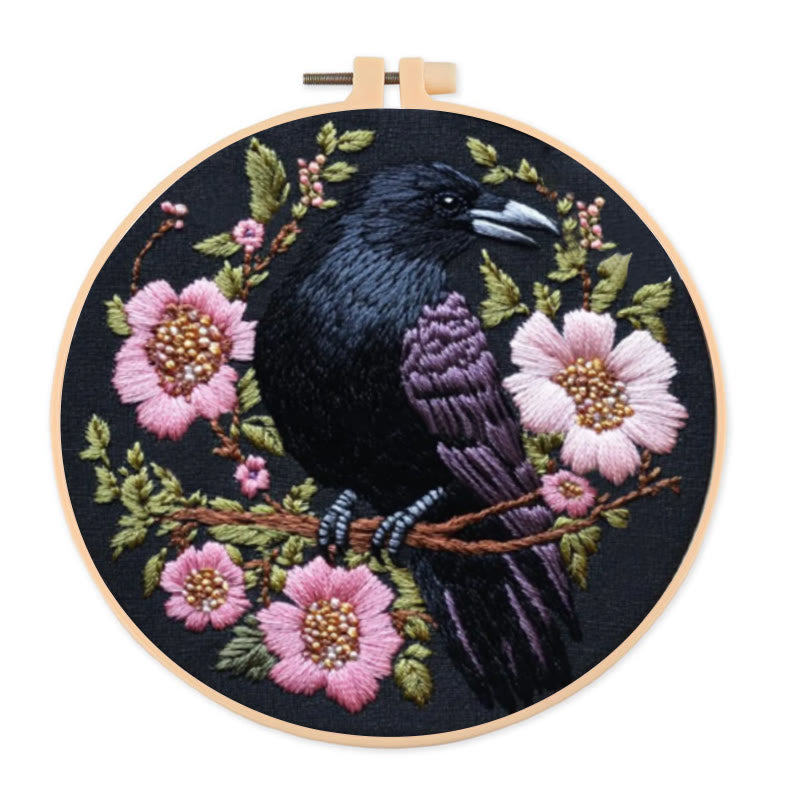 Rubbyoo Embroidery Kit - Gothic Raven With Pink Flowers | Handmake Needle Crafts  - 15*15cm - Embroidery Kit - image 0