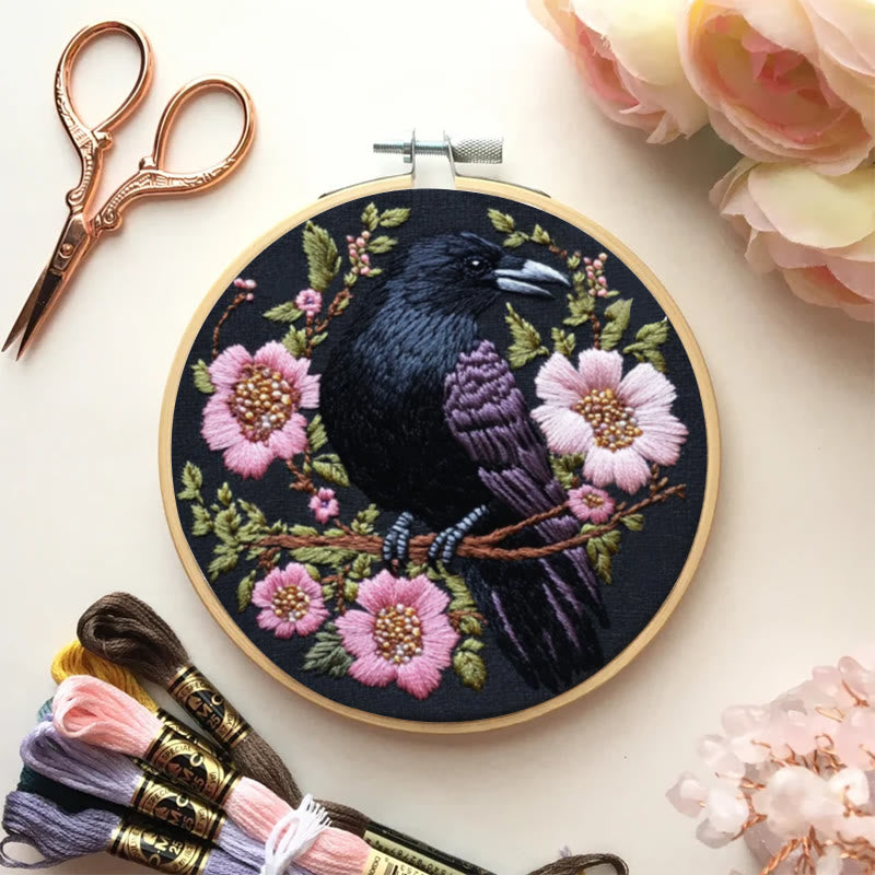 Rubbyoo Embroidery Kit - Gothic Raven With Pink Flowers | Handmake Needle Crafts  - image 1