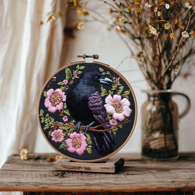 Rubbyoo Embroidery Kit - Gothic Raven With Pink Flowers | Handmake Needle Crafts  - image 2