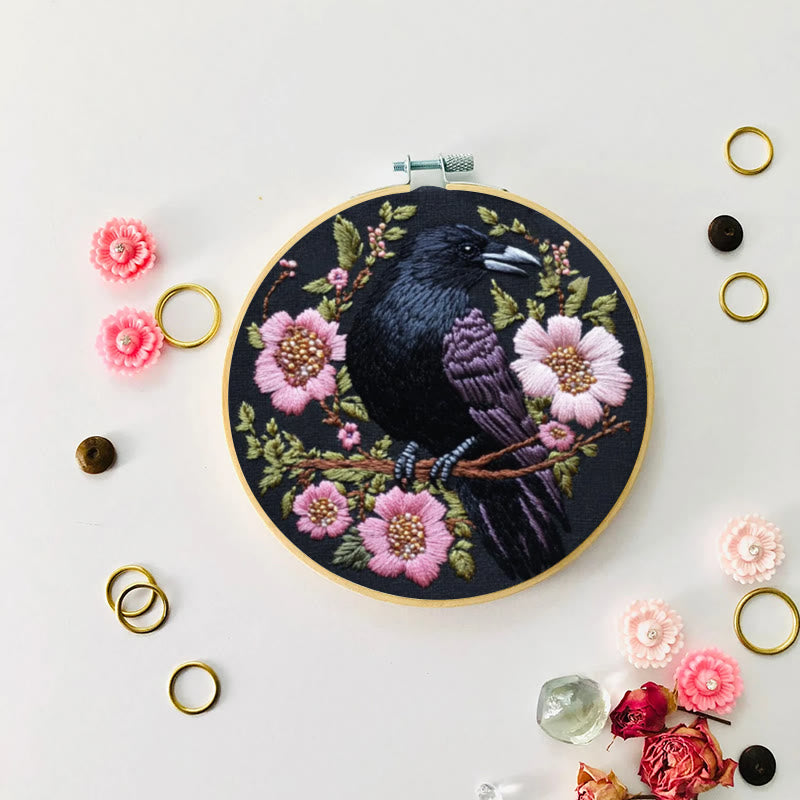 Rubbyoo Embroidery Kit - Gothic Raven With Pink Flowers | Handmake Needle Crafts  - image 3