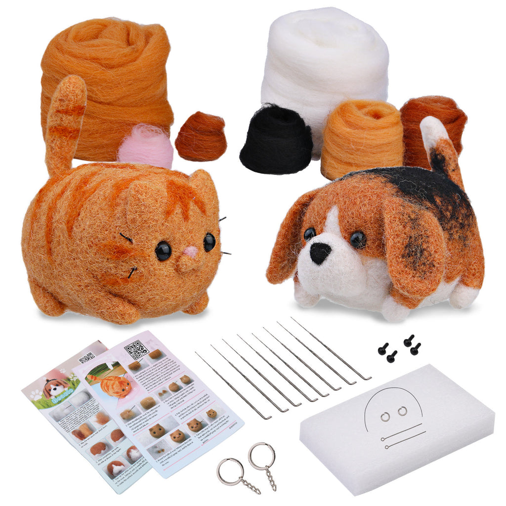 Little Dog And Cat Needle Felt Kit - Animal Wool Felted Dolls |  Decorative Ornaments | Diy Handmake Crafts - Pug dog + Orange cat kit - image 1