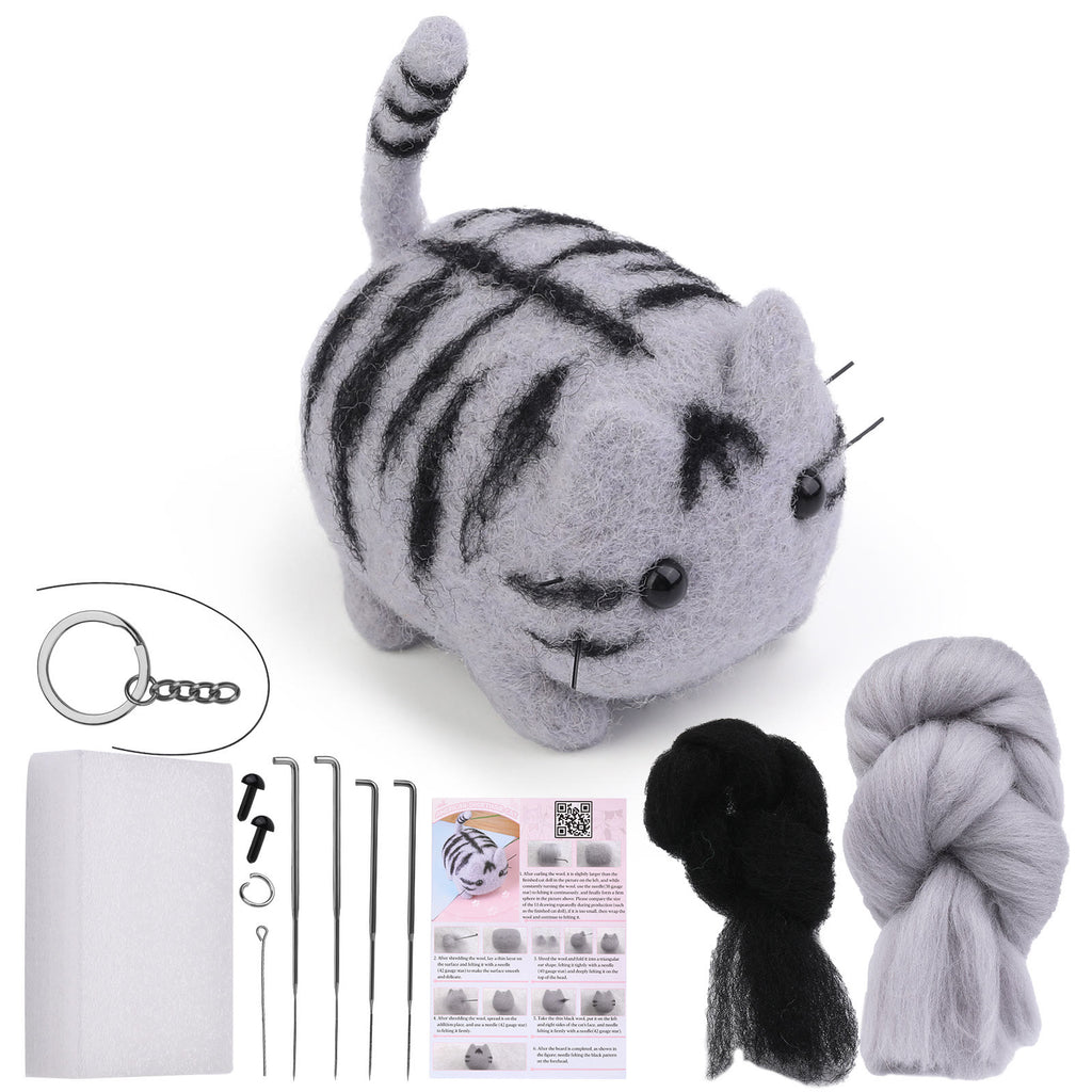 Cat Series Needle Felt Kit - Wool Felted Dolls | Decorative Ornaments |  Perfect Gift For Cat Lovers - Gray black striped cat kit - image 1