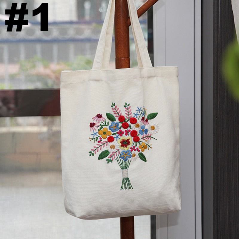 Embroidery Beige And White Canvas Tote Bag  Kits | Colorful Flower Needlepoint  Crafts  | Eco-friendly Shopping  Bag For Life - #1 - image 1