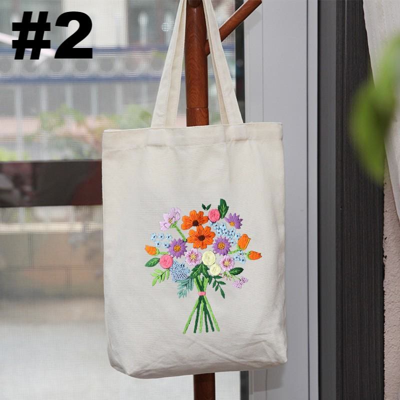 Embroidery Beige And White Canvas Tote Bag  Kits | Colorful Flower Needlepoint  Crafts  | Eco-friendly Shopping  Bag For Life - #2 - image 2