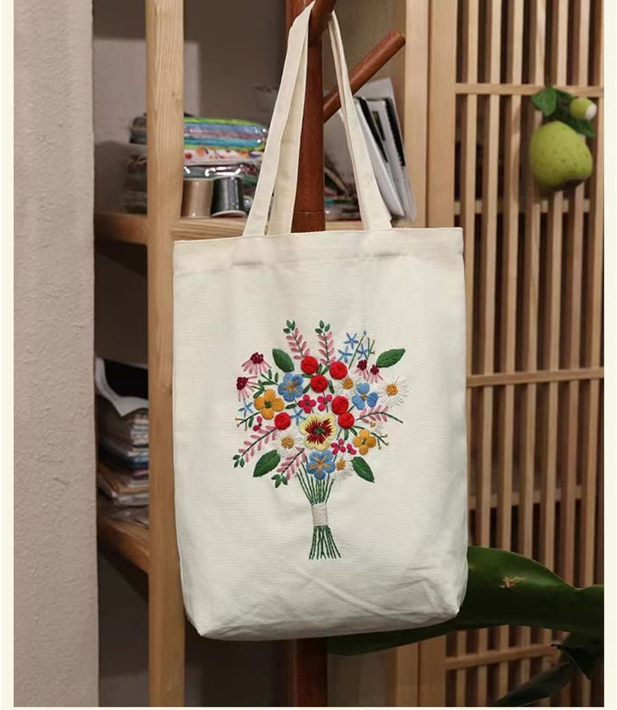 Embroidery Beige And White Canvas Tote Bag  Kits | Colorful Flower Needlepoint  Crafts  | Eco-friendly Shopping  Bag For Life - image 0