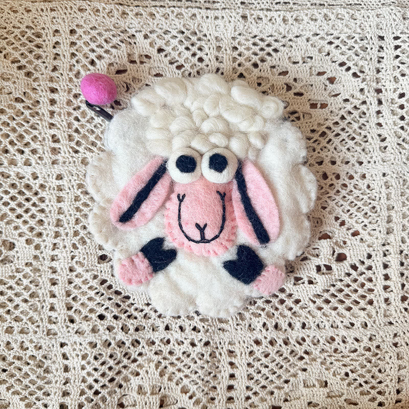 Needle Felted Bag - Round Sheep Coin Purse | Cute Handmade Money Pouch |  Lovely Gift For Kids - L-White sheep with pink face - image 1