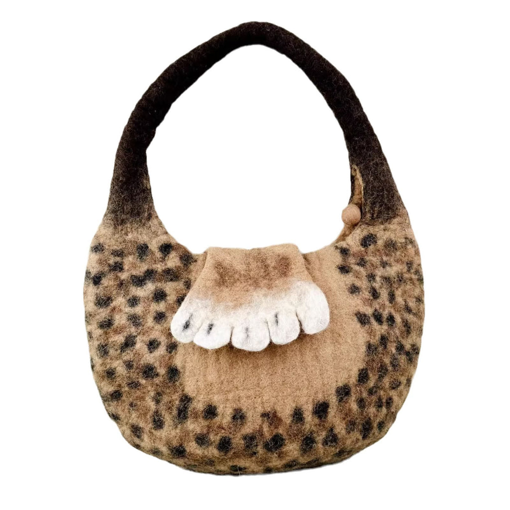 Needle Felted Bag - Creative Cat Paw Clutch |  Unique Small Hobo Bag | Fashion Felted Craft - Cat paw bag with leopard print - image 5