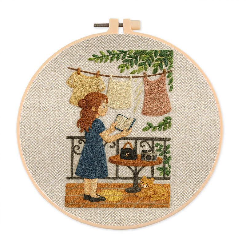 Rubbyoo Embroidery Kit - Reading Girl And Cat | Diy Craft Gifts - 20*20cm - image 0