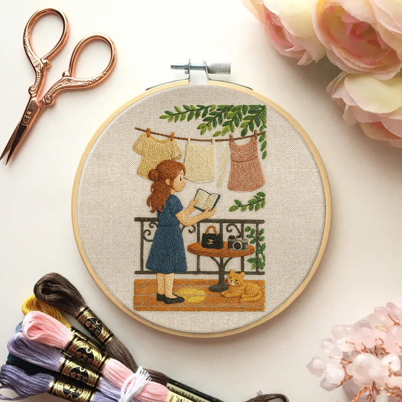 Rubbyoo Embroidery Kit - Reading Girl And Cat | Diy Craft Gifts - image 1