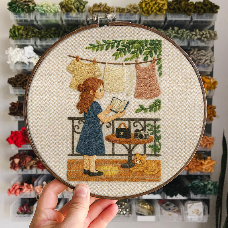 Rubbyoo Embroidery Kit - Reading Girl And Cat | Diy Craft Gifts - image 2