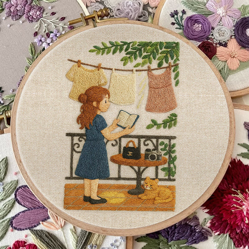 Rubbyoo Embroidery Kit - Reading Girl And Cat | Diy Craft Gifts - image 3