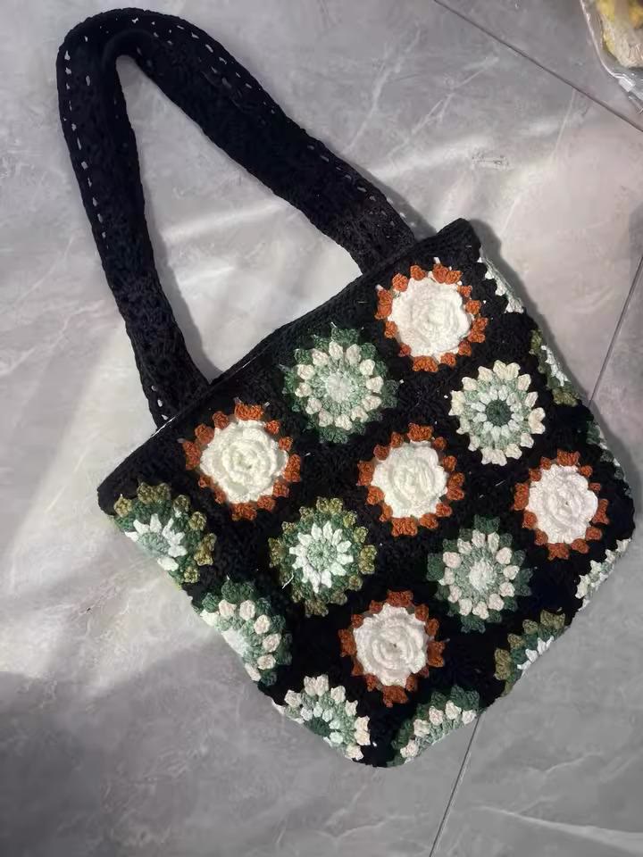 Handmade Crochet Bag  -   Black Woven Flower Handbags | Festival Gift  For Women - image 4