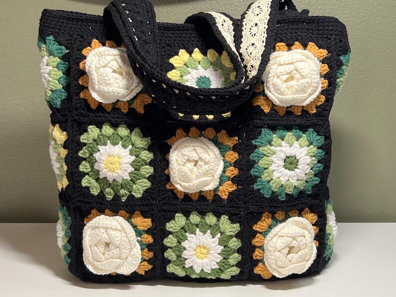 Handmade Crochet Bag  -   Black Woven Flower Handbags | Festival Gift  For Women - image 3