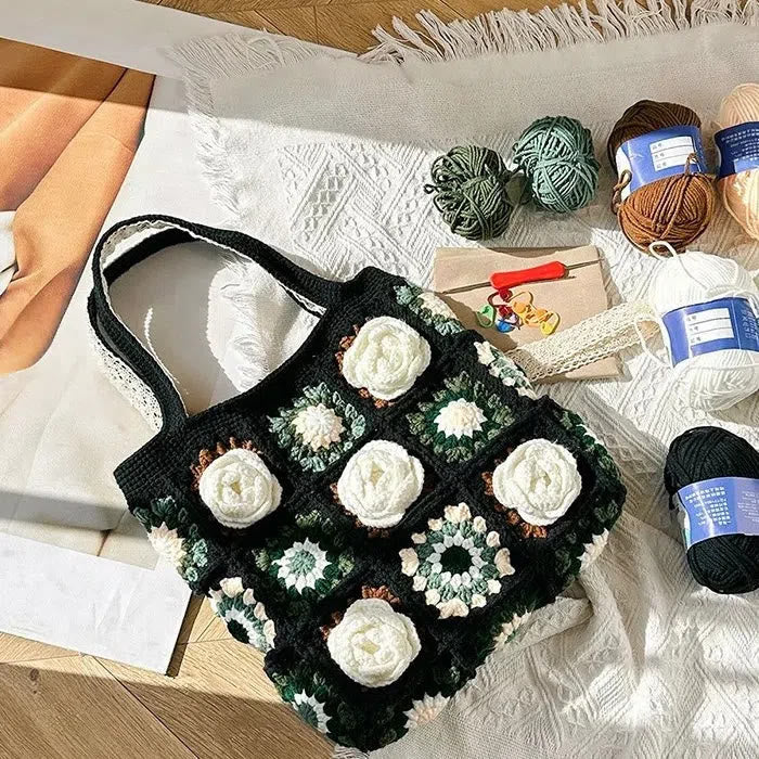 Handmade Crochet Bag  -   Black Woven Flower Handbags | Festival Gift  For Women - image 0