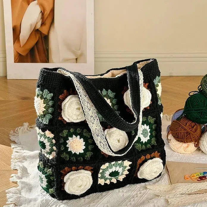 Handmade Crochet Bag  -   Black Woven Flower Handbags | Festival Gift  For Women - Black Camellia Bag - image 1
