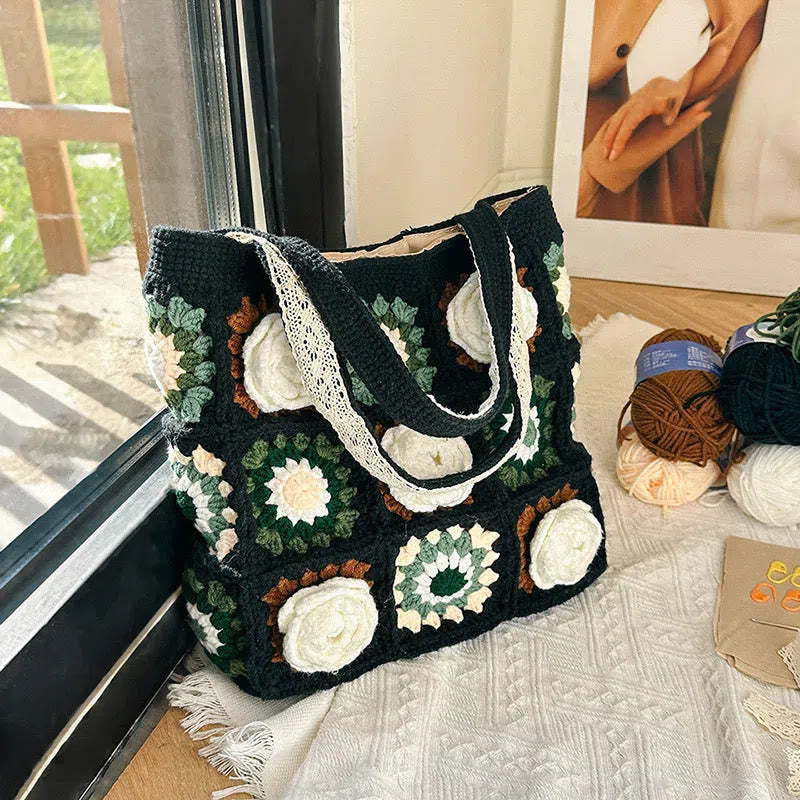 Handmade Crochet Bag  -   Black Woven Flower Handbags | Festival Gift  For Women - image 2
