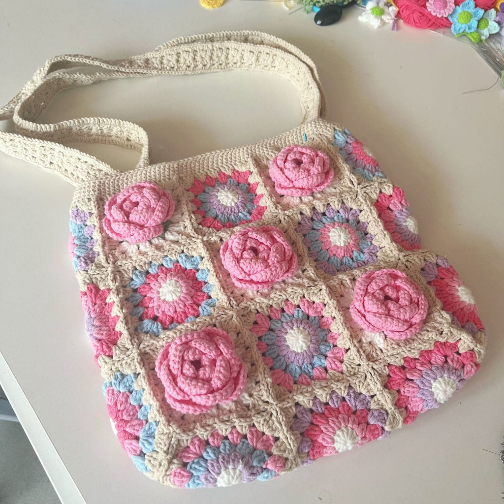 Handmade Crochet Bag  - Pink Woven Flower Plaid Bag | Summer Beach Bag | Aesthetic Flower Bag - Pink Camellia Bag - image 0