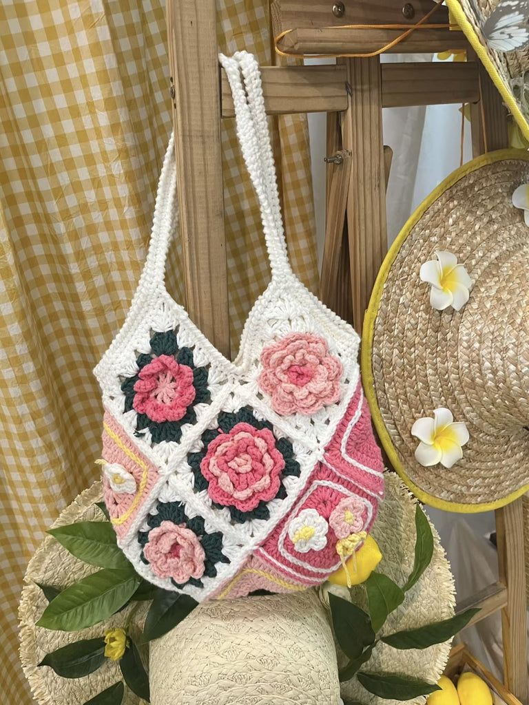 Handmade Crochet Bag -  Flower Casual Shoulder Bag | Lady Shopping Handbag | 3d Rose Crocheted Design - Rose vintage bag - image 2