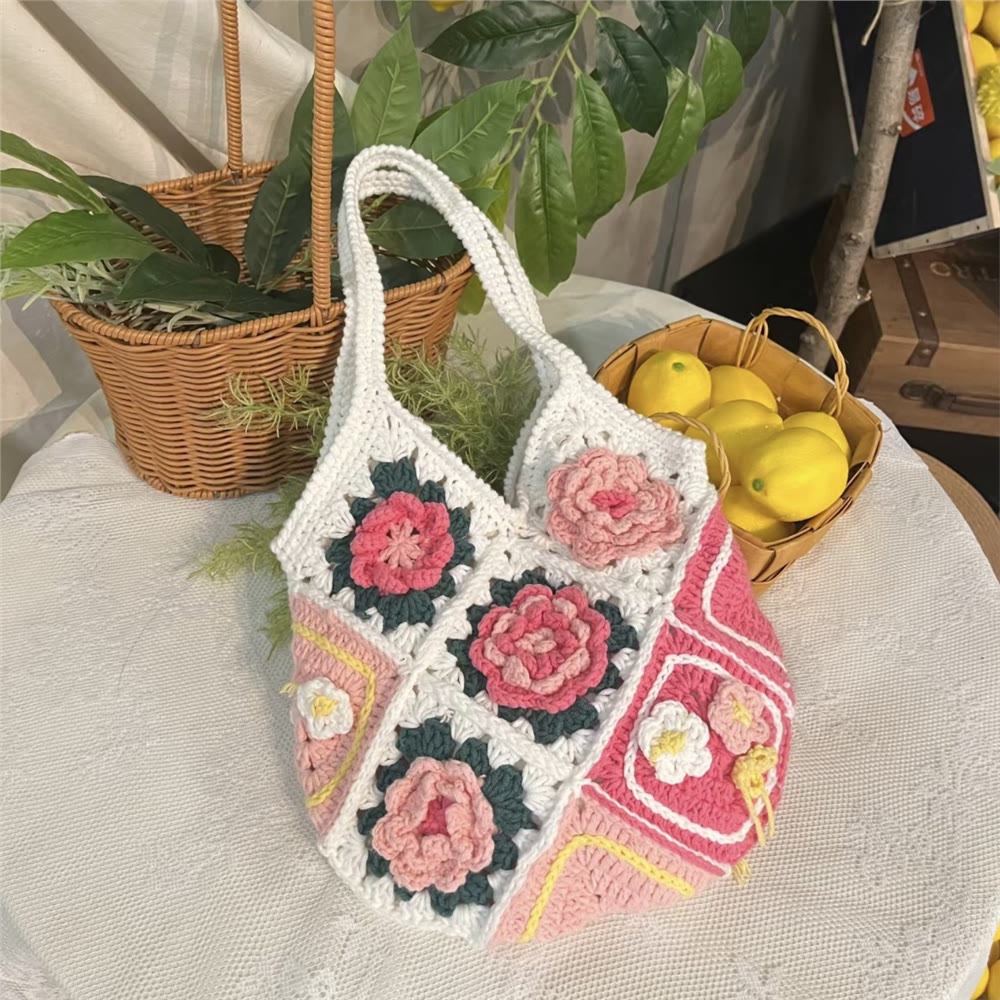 Handmade Crochet Bag -  Flower Casual Shoulder Bag | Lady Shopping Handbag | 3d Rose Crocheted Design - image 1