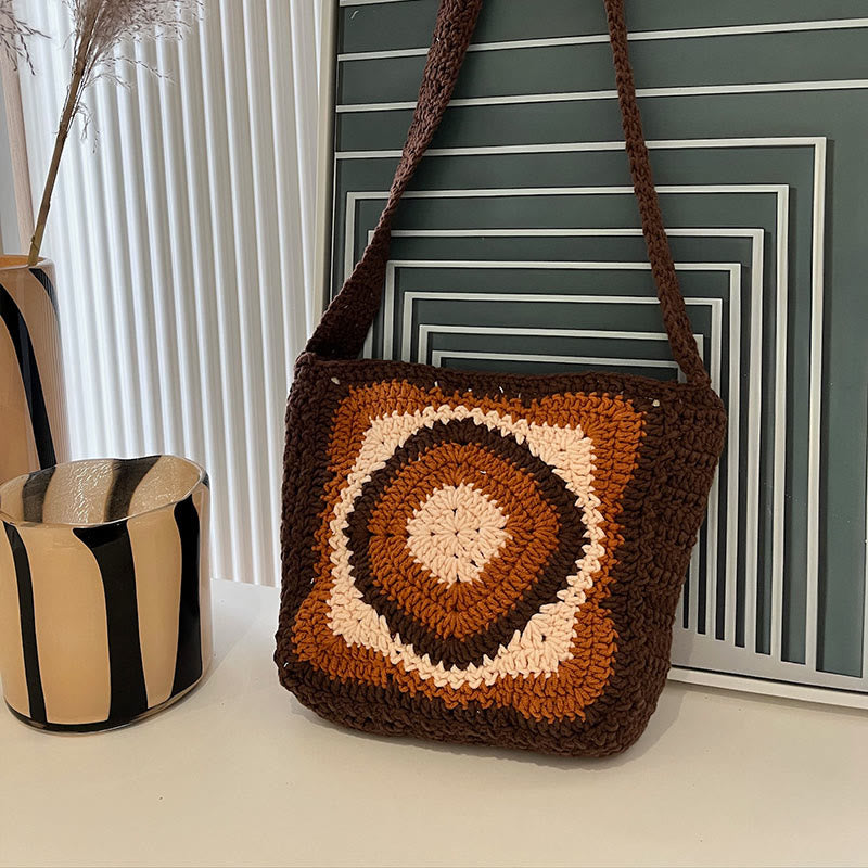 Handmade Crochet Bag  -   Vintage Knitted Crossbody Bag |  Brown Granny Square Bag  - Brown crossbody bag - image 1