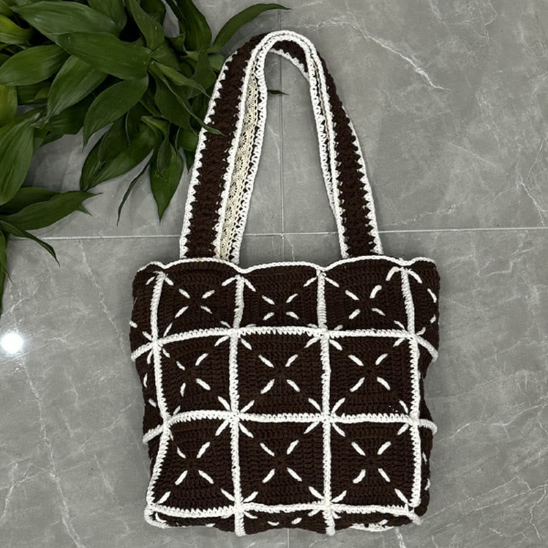 Handmade Crochet Bag  - Reusable Market Bag | Handmade Shoulder Bag | Large Bag For Women - Brown and white bag - image 4