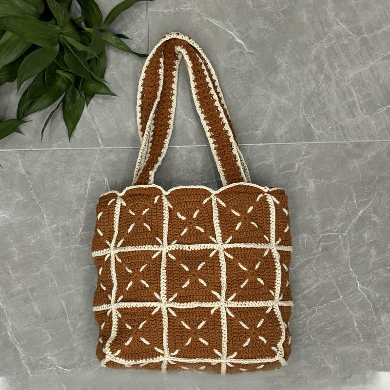 Handmade Crochet Bag  - Reusable Market Bag | Handmade Shoulder Bag | Large Bag For Women - Brown and beige bag - image 3