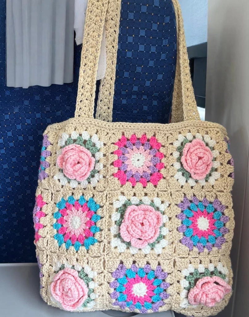 Handmade Crochet Bag  - Pink Woven Flower Plaid Bag | Summer Beach Bag | Aesthetic Flower Bag - image 2
