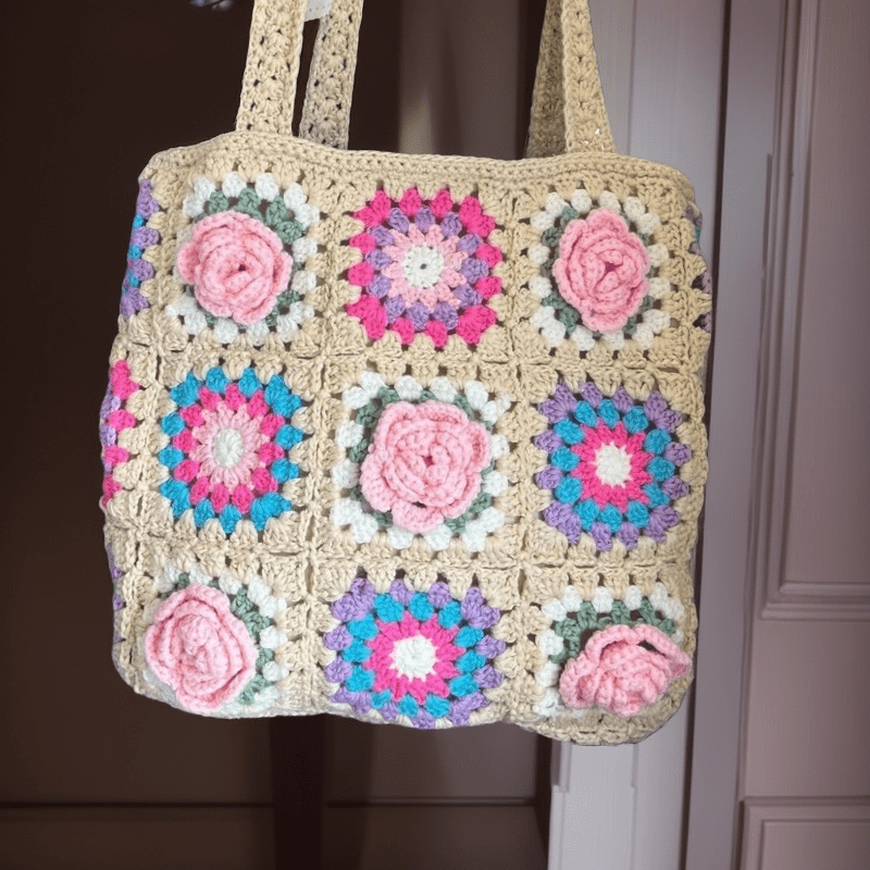 Handmade Crochet Bag  - Pink Woven Flower Plaid Bag | Summer Beach Bag | Aesthetic Flower Bag - image 3