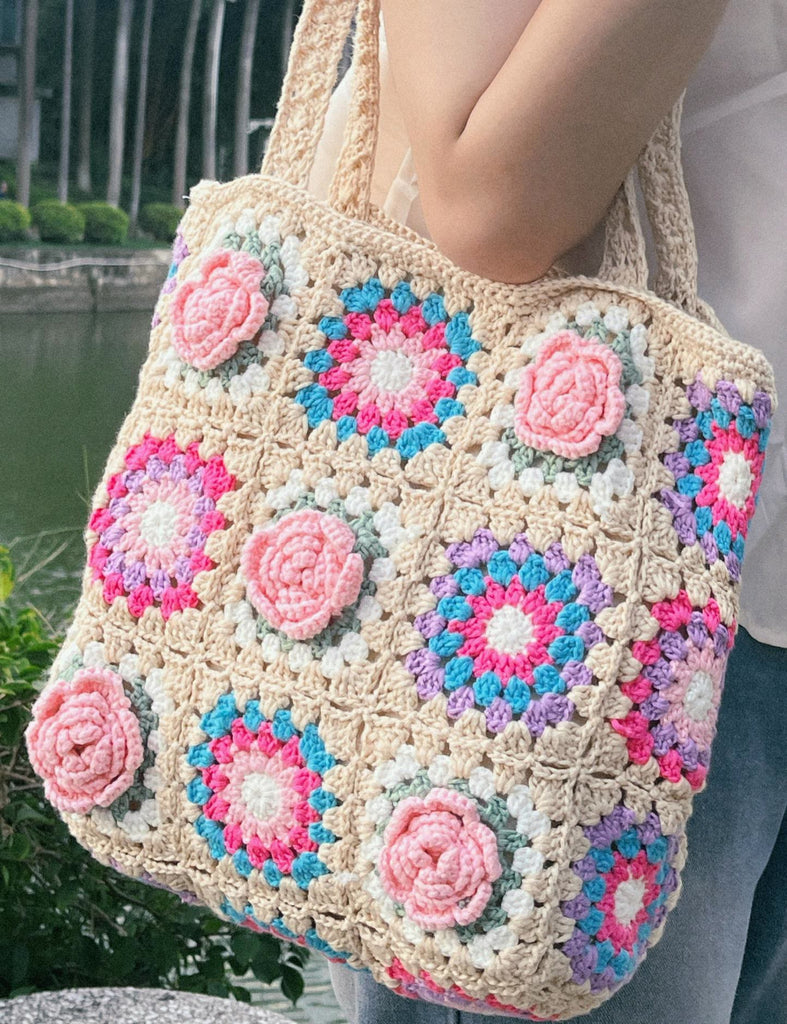 Handmade Crochet Bag  - Pink Woven Flower Plaid Bag | Summer Beach Bag | Aesthetic Flower Bag - image 1