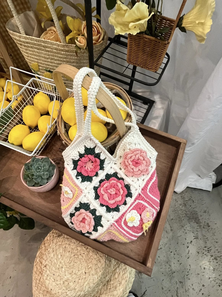 Handmade Crochet Bag -  Flower Casual Shoulder Bag | Lady Shopping Handbag | 3d Rose Crocheted Design - image 3