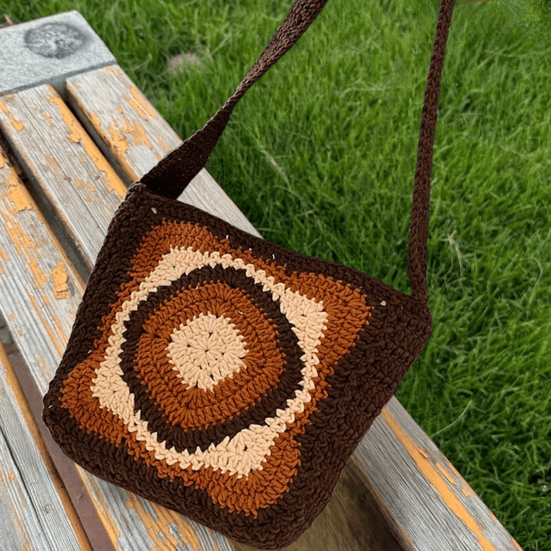 Handmade Crochet Bag  -   Vintage Knitted Crossbody Bag |  Brown Granny Square Bag  - image 2