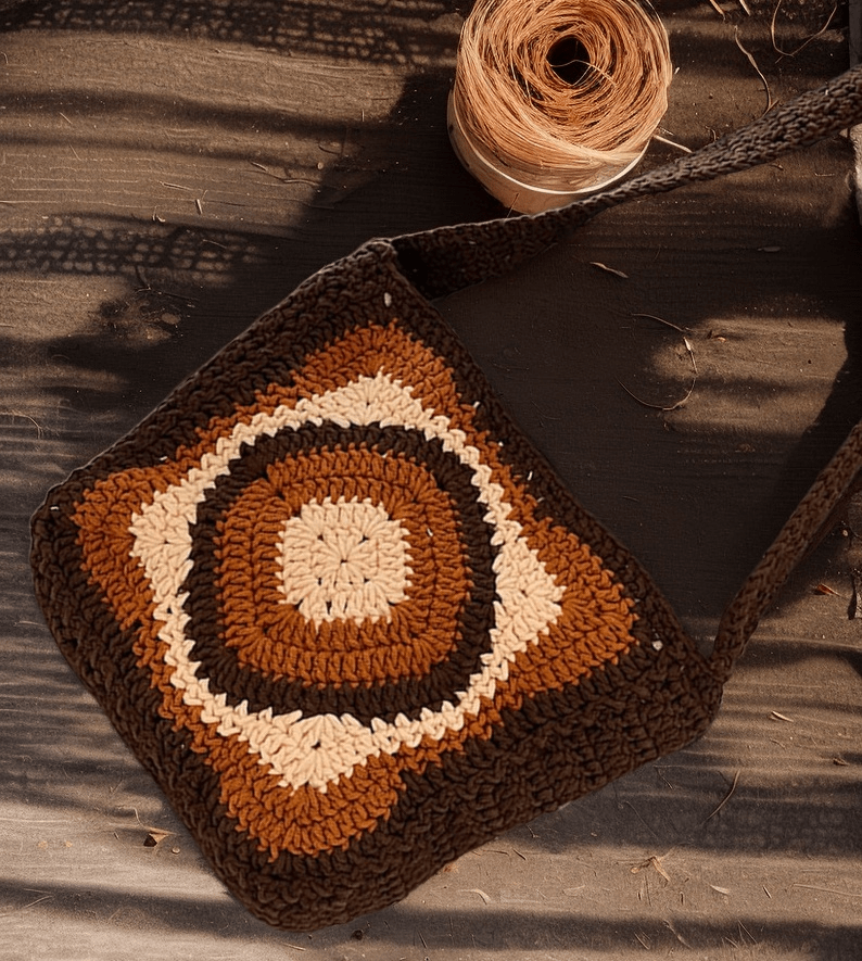 Handmade Crochet Bag  -   Vintage Knitted Crossbody Bag |  Brown Granny Square Bag  - image 3