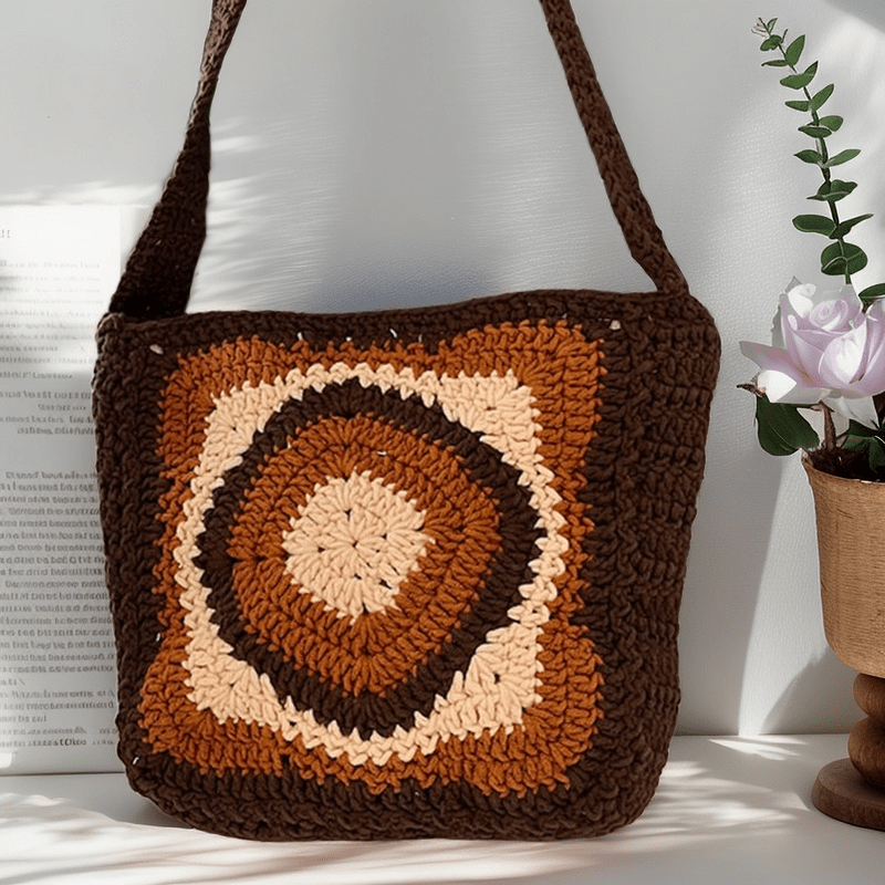 Handmade Crochet Bag  -   Vintage Knitted Crossbody Bag |  Brown Granny Square Bag  - image 0