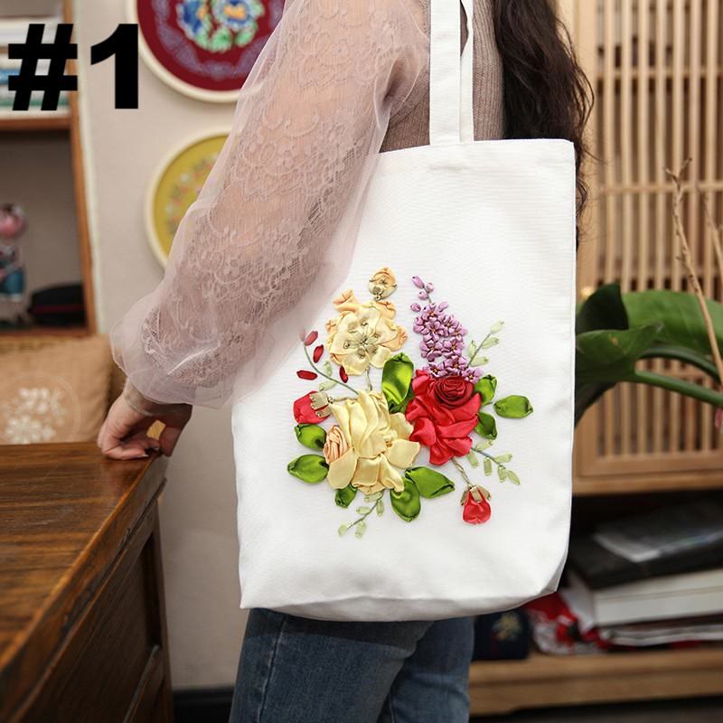 Ribbon Embroidery Canvas Tote Bag Kits | Floral Stitch For Women | Diy  Shoulder Bag Material  - #1 - image 1