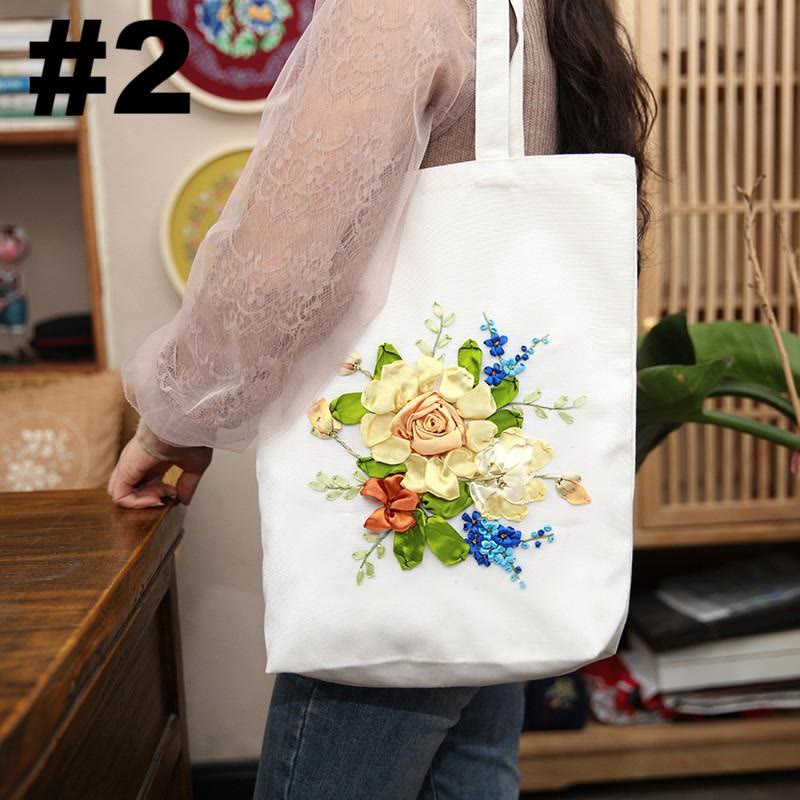 Ribbon Embroidery Canvas Tote Bag Kits | Floral Stitch For Women | Diy  Shoulder Bag Material  - #2 - image 2