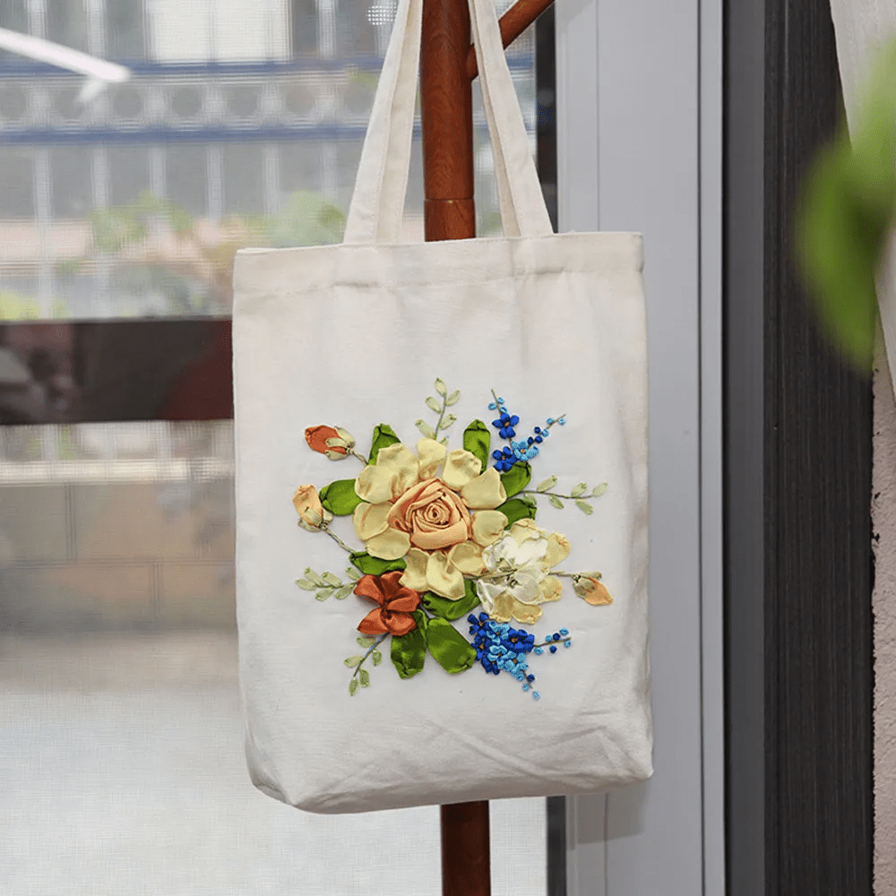 Ribbon Embroidery Canvas Tote Bag Kits | Floral Stitch For Women | Diy  Shoulder Bag Material  - image 0