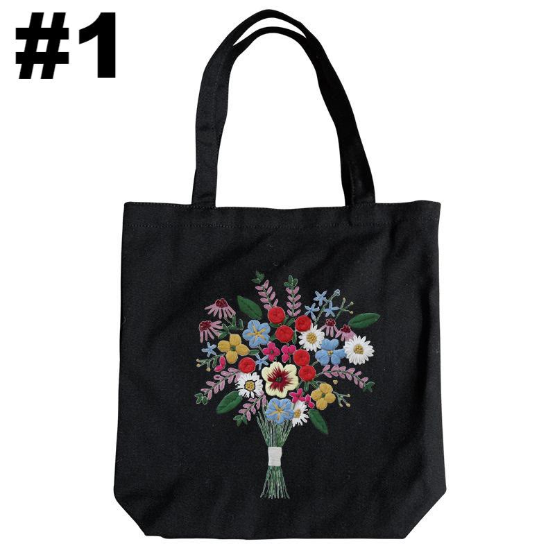Embroidery Black Canvas Tote Bag Kits | Easy Craft For Beginners |  Diy Embroidered Flower Bags - #1 - image 1