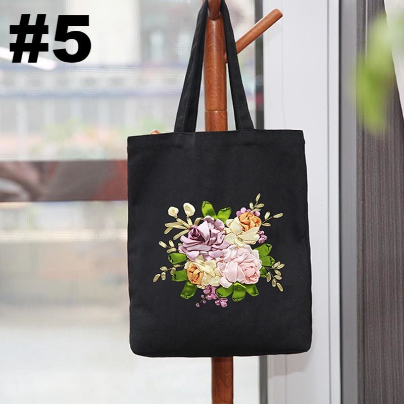 Ribbon Embroidery Black Canvas Tote Bag Kits | Beautiful Bouquet Bags |  Eco-friendly Shopping Bags - #5 - image 5