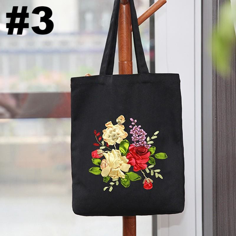 Ribbon Embroidery Black Canvas Tote Bag Kits | Beautiful Bouquet Bags |  Eco-friendly Shopping Bags - #3 - image 3